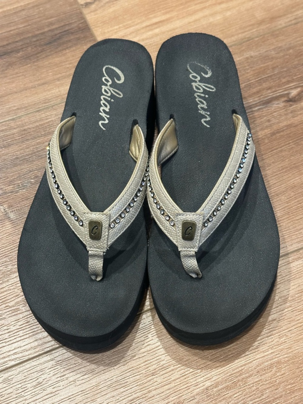 Cobian Women's Black Sandals with Metallic Gold Straps and Rhinestones